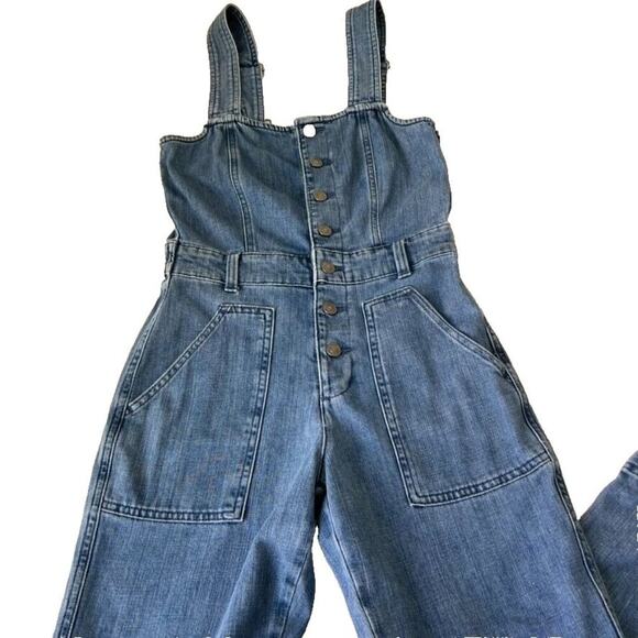 Aerie Overalls Womens XS Blue Button Front Kick Flare Denim Apron Bib - Picture 5 of 16